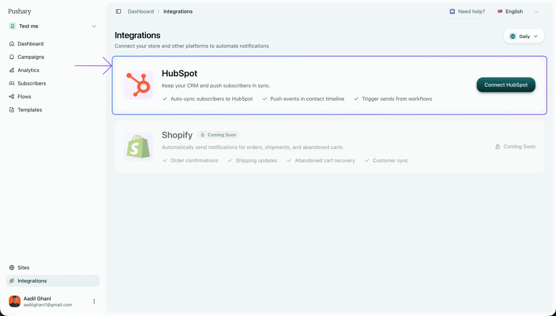 Pushary HubSpot integration settings showing bi-directional sync, timeline events, and field mappings