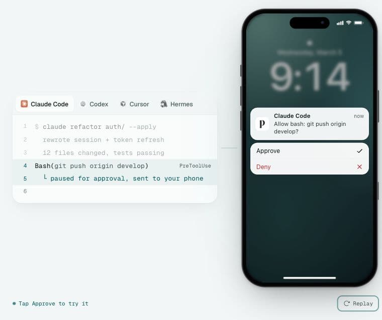 Pushary public demo showing an agent tool request and a phone approval
